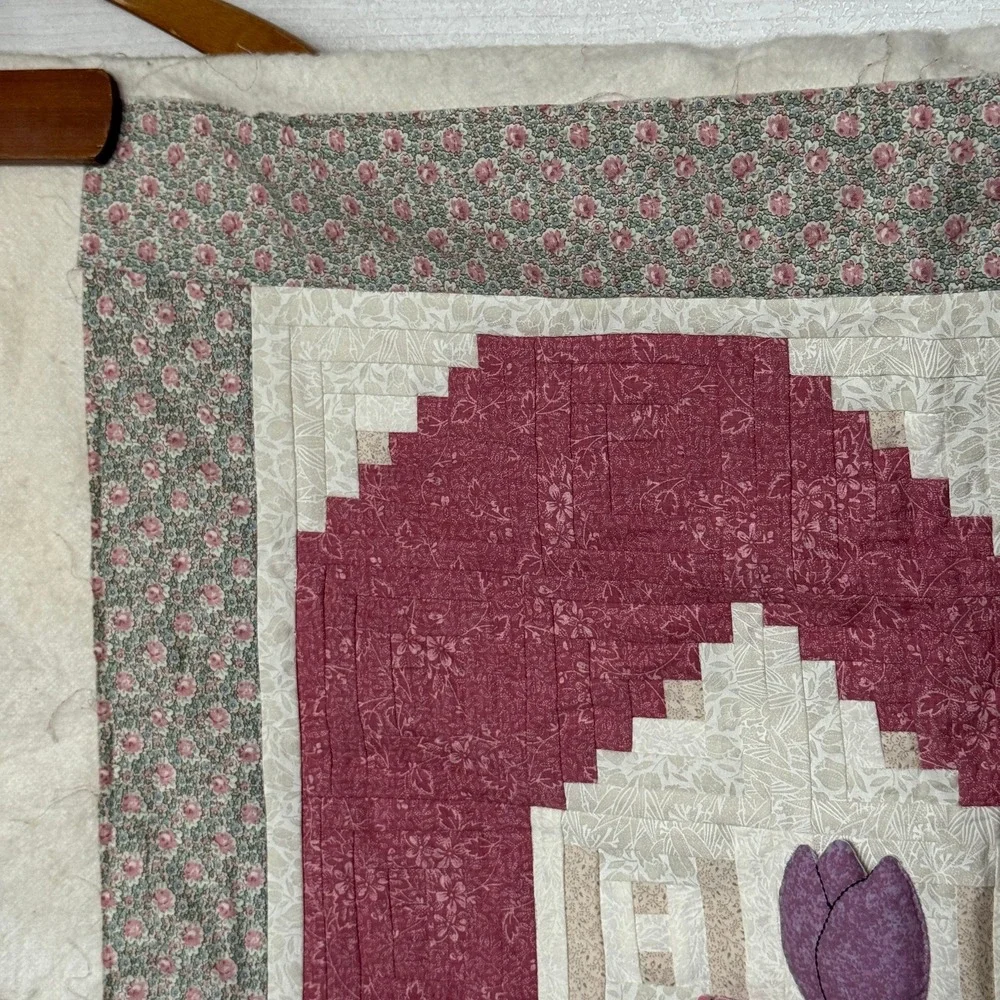 Handmade Quilted Wall Hanging Log Cabin Heart 3D Floral Applique Cottagecore Art